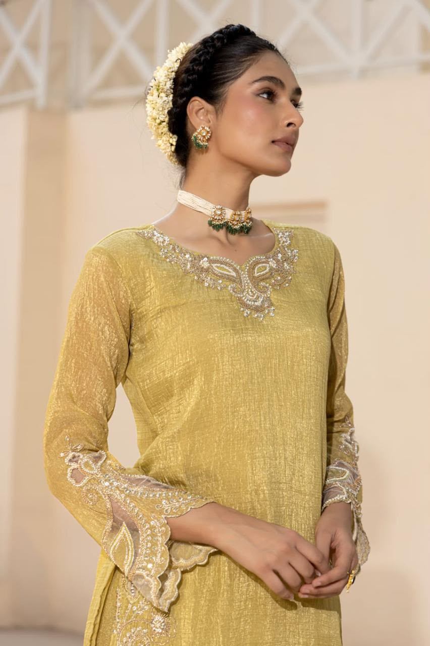 Yellow shimmer crush tissue suit set featuring intricate embroidery on the neckline and hem