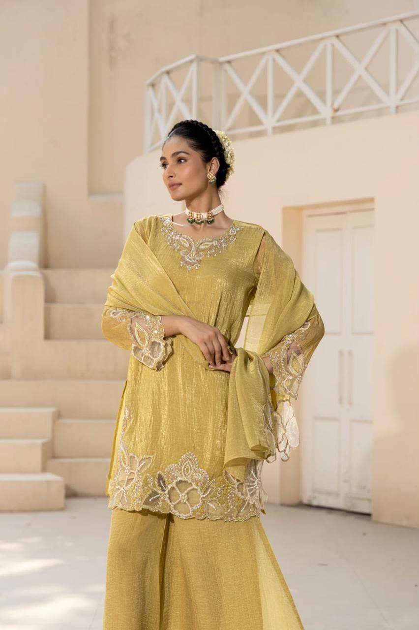 Yellow shimmer crush tissue suit set featuring intricate embroidery on the neckline and hem